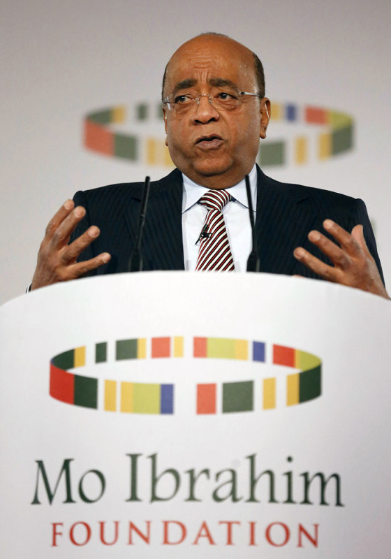 Sudan-born telecoms tycoon Mo Ibrahim, founder of the Mo Ibrahim Foundation, speaks at the announcement of the 2012 Ibrahim Prize for achievement in African Leadership in London on Monday.