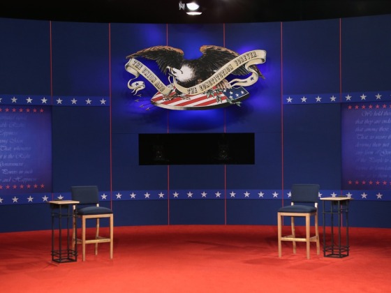 The stage is set for Republican presidential candidate Mitt Romney and President Barack Obama to answer questions during a town hall style debate at Hofstra University October 16, 2012 in Hempstead, N.Y.
