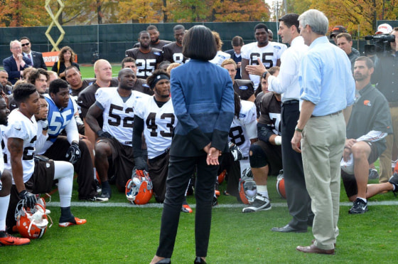 Republican vice presidential nominee Paul Ryan, former Secretary of State Condoleezza Rice, and Ohio Sen. Rob Portman speak to the Cleveland Browns Oct. 17 in Berea, Ohio.