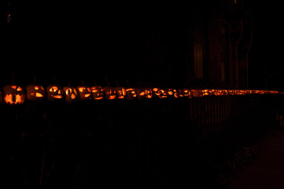 Jane Greengold likes to take her time with the pumpkins she carves, giving them smaller, spooky features. They are lit up on Halloween night with electric lights.