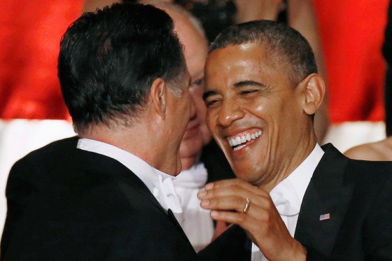 President Barack Obama and Republican presidential candidate Mitt Romney meet at the 67th Annual Alfred E. Smith Memorial Foundation dinner in New York, Oct. 18.