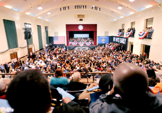 About 2,500 people gathered to see First lady Michelle Obama speak Friday during a campaign event at Memorial Hall in Racine, Wis.