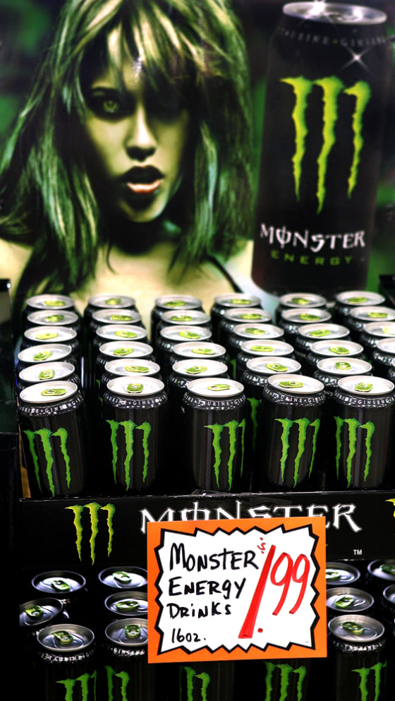 Bottles of energy drink, Monster, lie on display at a market in Des Plaines, Ill., in this March 2006 file photo.