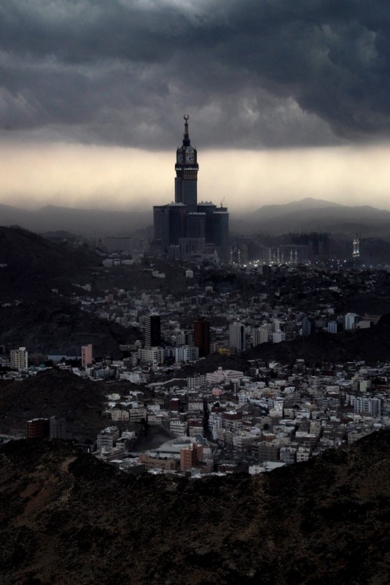 A view of the Royal Hotel Clock Tower located near the Haram Sharif Mosque during sunset, as seen from the top of the Jabal-al-noor ('Mountain of Light' in Arabic), four days before the Hajj 2012 pilgrimage, near Mecca, Saudi Arabia, on October 21, 2012.