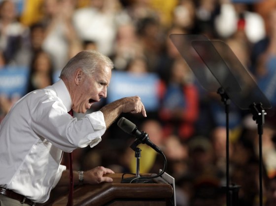 Vice President Joe Biden gestures while speaking during at a campaign rally, Tuesday, Oct. 23, 2012, at The University of Toledo in Toledo, Ohio.