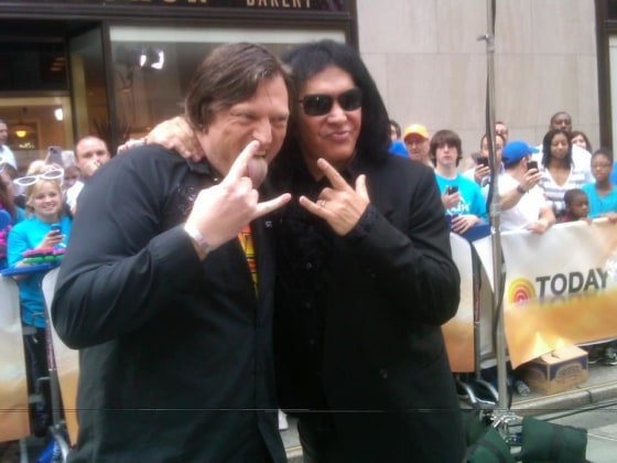 Paul Jordan makes the iconic KISS face on TODAY with Gene Simmons, right.