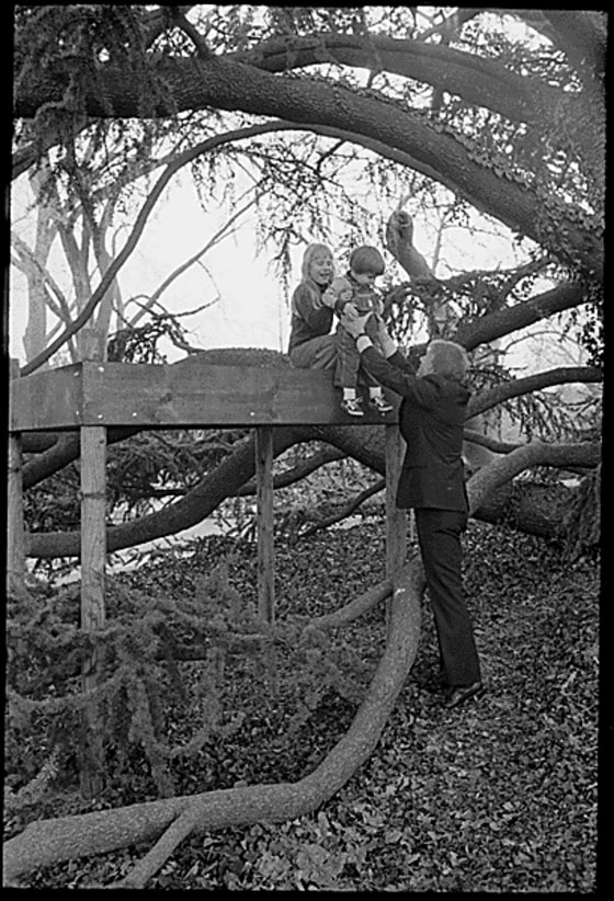Jimmy Carter with his grandson, Jason Carter and daughter Amy playing in Amy's tree huse on the South Lawn of the White House. March 10, 1977