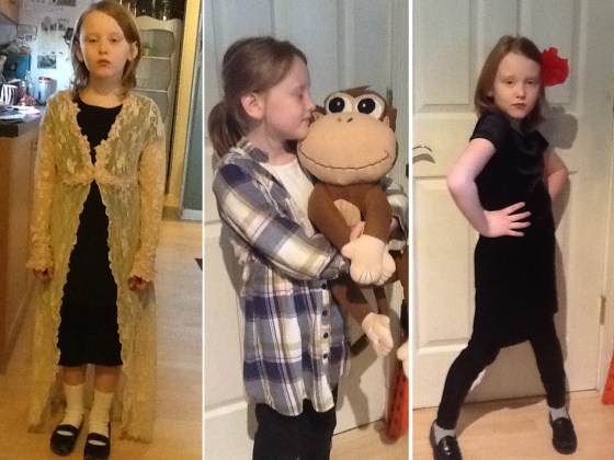 Stella Ehrhart shows off some of her costumes, which she wears to school. From left to right, here she is as Mary Todd Lincoln, the wife of President Abraham Lincoln, chimpanzee expert Jane Goodall and singer Billy Holiday.