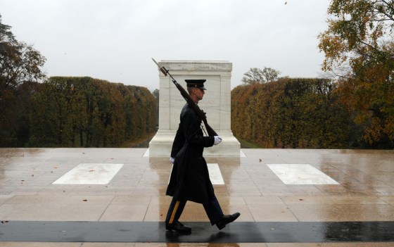Spc. Brett Hyde, Tomb Sentinel, 3d U.S. Infantry Regiment (The Old Guard), keeping guard over the Tomb of the Unknown Soldier during Hurricane Sandy, at Arlington National Cemetery, Va., Monday, Oct. 29.