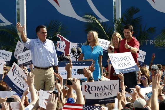 Republican presidential candidate Mitt Romney, left, vice presidential running mate Paul Ryan, and their wives, Ann Romney, second form left, and Janna Ryan, greet supporters Saturday in Jacksonville, Fla.