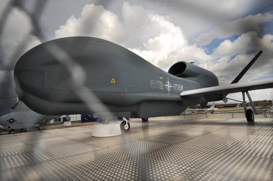 A Northrop Grumman RQ-4 Global Hawk unmanned aircraft at the Farnborough International Airshow in Hampshire, southern England, on July 22, 2010.