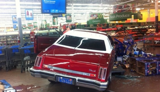 This car drove into a San Joes, California WalMart Sunday morning, according to police. The driver then got out of the car and beat four customers with a blunt object.