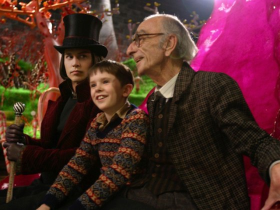 Johnny Depp, Freddie Highmore and David Kelly are shown in a scene from the 2005 film