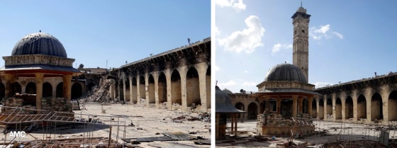 This combination of two citizen journalist images provided by Aleppo Media Center shows at left: the damaged famed 12th century Umayyad mosque without the minaret, background right corner, which was destroyed by the shelling, in the northern city of Aleppo, Syria, Wednesday April 24, 2013; and at right, an undated view of the mosque with is minaret still intact. The minaret of a famed 12th century Sunni mosque in the northern Syrian city of Aleppo was destroyed Wednesday, April; 24, 2013, leaving the once-soaring stone tower a pile of rubble and twisted metal scattered in the tiled courtyard. President Bashar Assad's regime and anti-government activists traded blame for the attack against the Umayyad mosque, which occurred in the heart Aleppo's walled Old City, a UNESCO World Heritage site. It was the second time in just over a week that a historic Sunni mosque in Syria has been seriously damaged. (AP Photo/Aleppo Media Center, AMC)