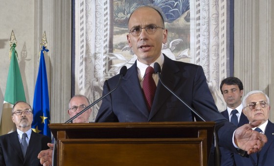 Italian Premier-designate Enrico Letta speaks during a press conference at the Quirinale Presidential Palace in Rome, Saturday, April 27, 2013.