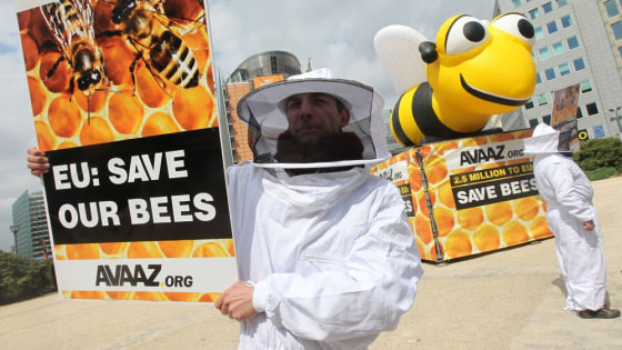 Beekeepers protest next to a giant inflatable bee in front of the European Council and Commission in Brussels, Belgium, on Monday April 29.