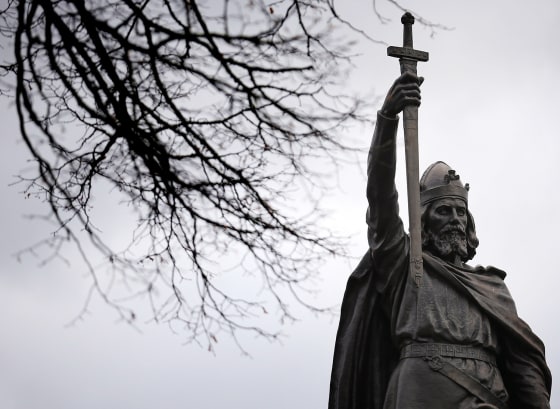 WINCHESTER, ENGLAND - FEBRUARY 06: A general view of a statue of Alfred The Great on February 6, 2013 in Winchester, England. King Alfred lived from ...