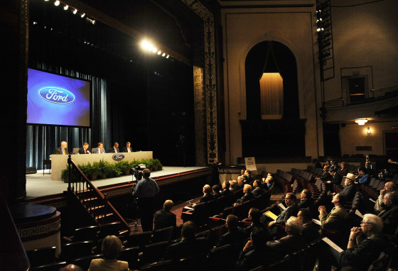 WILMINGTON, DE - MAY 09: (L-R) Ford Executive Vice President Robert Shanks, President and CEO Alan Mulally, Chairman of the Board William Ford, Secret...