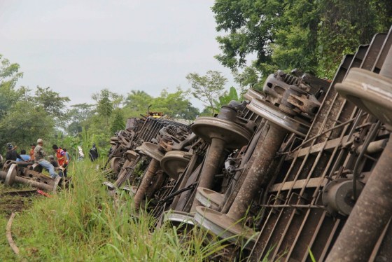 General view of the derailment of the cargo train called 'The Beast' in Huimanguillo, in the state of Tabasco, Mexico.