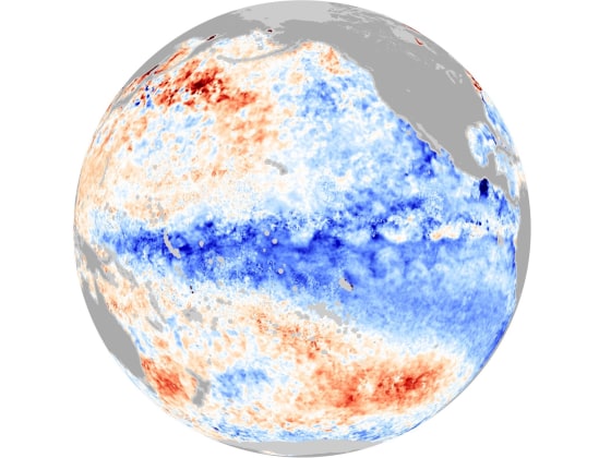 Pacific sea surface temperature readings from NASA's Aqua satellite show the cooling trend associated with a La Niña weather pattern in December 2010. Scientists say La Niña cooling events have offset the greenhouse effect in recent years.