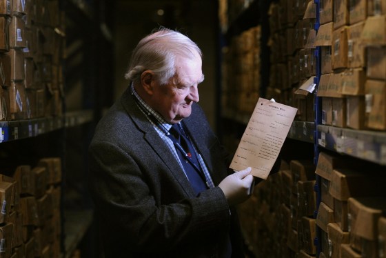 Professor Peter Simkins, of The Western Front Association, views the will of his great uncle Frank Hill, who was killed in World War I.