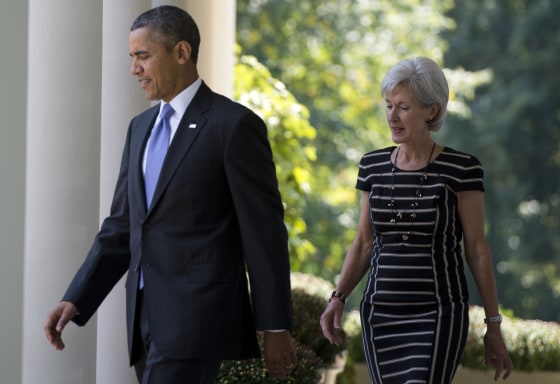 President Barack Obama walks alongside Secretary of Health and Human Services Kathleen Sebelius on Oct. 1, 2013, before speaking about the Affordable Care Act at the White House in Washington, D.C.