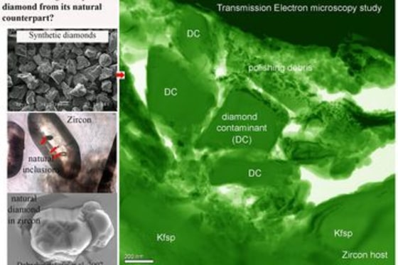 IMAGE: Synthetic and natural diamonds, and close-up of polishing debris found in ancient zircons