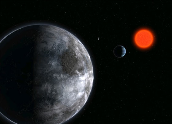 An artist's impression shows a planetary system around a red dwarf star.
