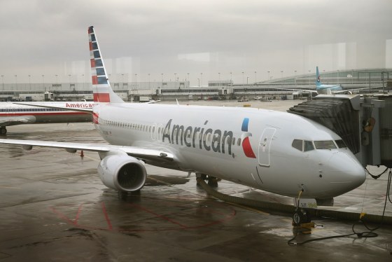 A new American Airlines 737-800 aircraft featuring a new paint job with the company's new logo sits at a gate at O'Hare Airport on Jan. 29, 2013 in Ch...