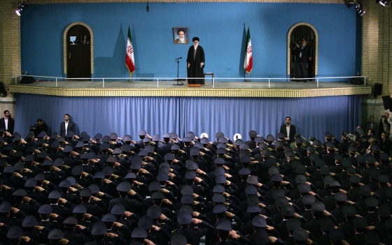 A picture released by the official website of Iranian Supreme Leader Ayatollah Ali Khamenei shows Iranian air force commanders saluting Khamenei during a meeting in Tehran on Feb. 7, 2013. Khamenei rejected a US offer to negotiate one-on-one on Tehran's disputed nuclear programme so long as Washington continues to impose sanctions on Iran.