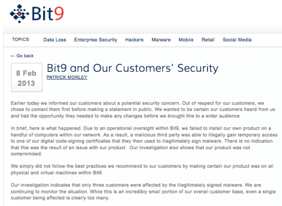 Part of Bit9's blog about the hack.