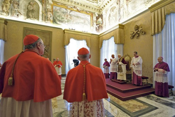 Pope Benedict XVI (third from right) attends a consistory at the Vatican on Feb. 11, 2013, where he announced that he will step aside.