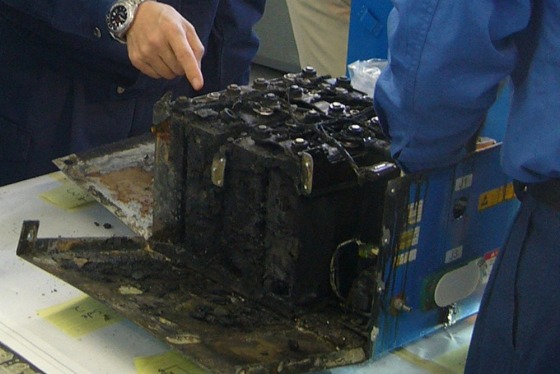 The burnt auxiliary power unit battery, removed from an All Nippon Airways' (ANA) Boeing Co 787 Dreamliner plane which made an emergency landing on Ja...