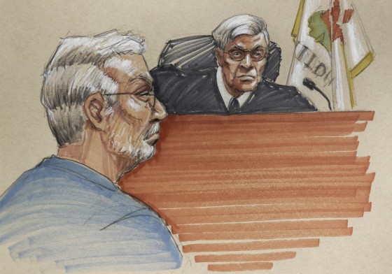 In this courtroom sketch, Drew Peterson, left, sits before Will County Judge Edward Burmila as his defense team sought to convince the judge to grant him a new trial at the Will County Courthouse in Joliet, Ill., on Wednesday, Feb. 20. The new trial was denied Thursday.
