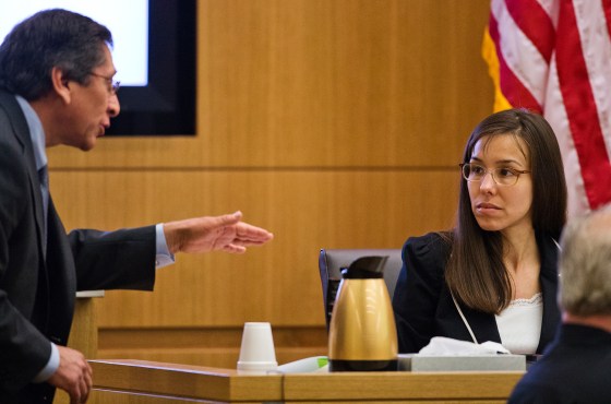 Prosecutor Juan Martinez asks defendant Jodi Arias a question about her diary during cross examination testimony in Maricopa County Superior Court in Phoenix. (AP Photo/The Arizona Republic, Tom Tingle, Pool)