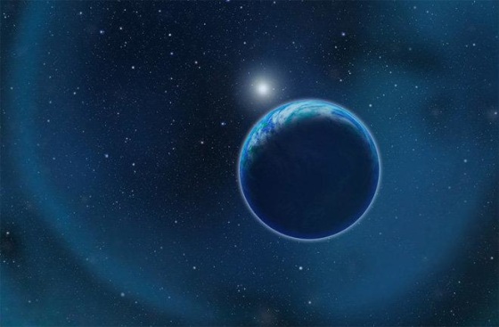 A planetary nebula surrounds a white dwarf star with a hypothetical habitable planet in orbit.