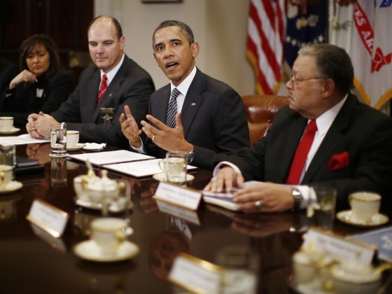 President Barack Obama meets with police chiefs from three communities scarred by mass shootings last year to talk about the administration's push to reduce gun violence, in the Roosevelt Room of the White House, Jan. 28, 2013.