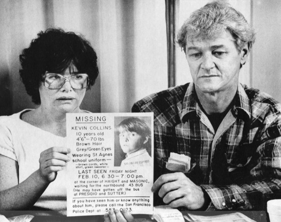 Ann and David Collins, parents of missing 10-year-old Kevin Collins, hold one of their posters during a news conference in March 1984 in San Francisco. .