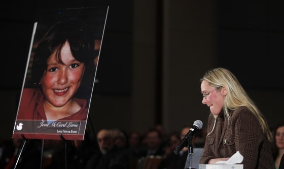 Scarlett Lewis, mother of Sandy Hook victim Jesse Lewis, speaks at a public hearing on gun control at Newtown High School in Newtown, Conn., on Wednesday, Jan. 30.