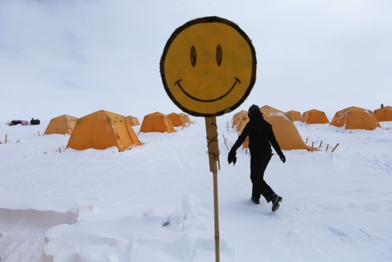 A happy face is seen near the tents where researchers live at Summit Station on July 11 on the Glacial Ice Sheet, Greenland.