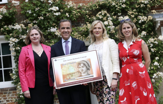 (L-R) Mary Macleod, a Conservative member of parliament, Governor of the Bank of England, Mark Carney, Stella Creasy, a Labour and Co-operative member of parliament, and Caroline Criado-Perez, co-founder of the Women's Room, pose following the presentation at the Jane Austen House Museum on July 24, 2013 in Chawton, near Alton, England.