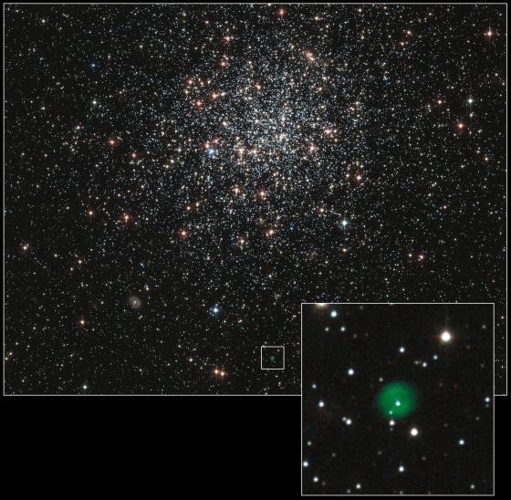 A picture from Hubble's Advanced Camera for Surveys, captured in 2006, shows the globular cluster NGC 1846. The inset photo focuses in on the planetary nebula at the edge of the picture. Distant background galaxies can be seen scattered throughout the image.