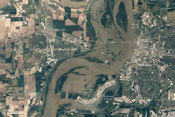Flood waters innundate Memphis, Tenn., in this NASA satellite photo acquired on May 10, 2011. NASA announced a challenge to leverage its data such as imagery and new technology such as smartphone computers to create applications that benefit humanity.