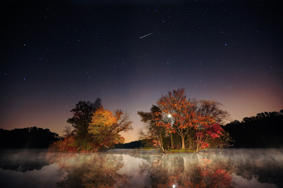 Photographer Jeff Berkes' picture of an Orionid meteor streak over Elverson, Pa., also features autumn leaves.