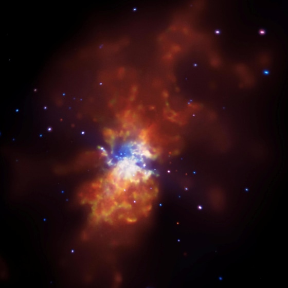 NASA's Chandra X-ray Observatory's image of the galaxy M82 shows the result of star formation on overdrive.