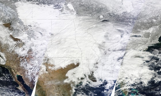 Three images from the Moderate Resolution Imaging Spectroradiometer (MODIS) aboard NASA's Terra satellite were combined to create this image of the storm system over the United States on Monday, Jan. 31. White gaps are areas where the sensor did not collect data. The image has a resolution of one kilometer per pixel.
