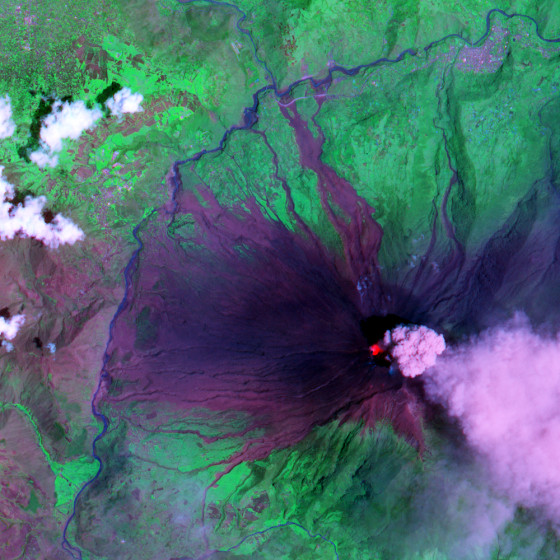 A false-color image from NASA's Terra satellite shows an eruption under way at Ecuador's Tungurahua Volcano in August 2006.