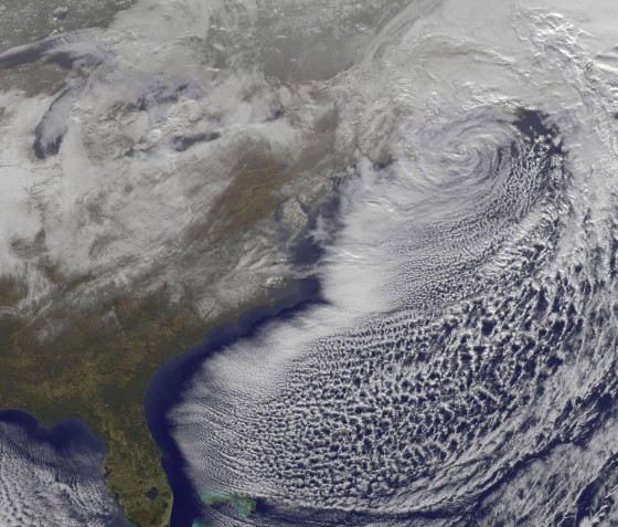 On Monday, December 27 at 1731 UTC (12:31 p.m. EST) the GOES-13 satellite captured this visible image of the powerful low pressure system that brought snows from Georgia to Maine along the U.S. east coast. Some of the snowfall can be seen over South and North Carolina, Virginia, Maryland, Delaware, eastern Pennsylvania, New Jersey, and southeastern New York. The clouds of the low obscure New England in the image.
