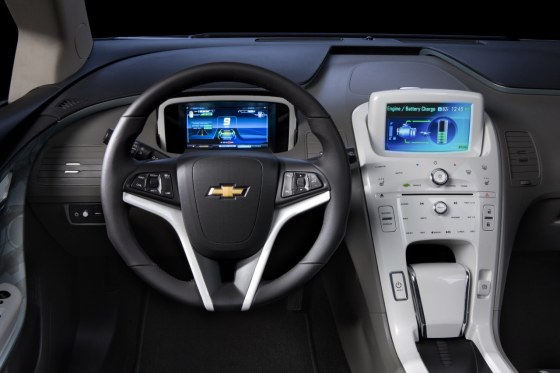 Displays on the dashboard of the Chevy Volt show the car's basic stats, including the flow of electricity from batteries and the gas-powered generator.