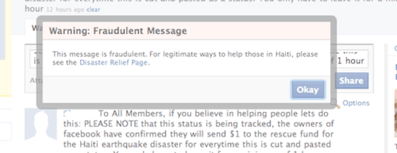 Facebook is posting warning messages on its site.